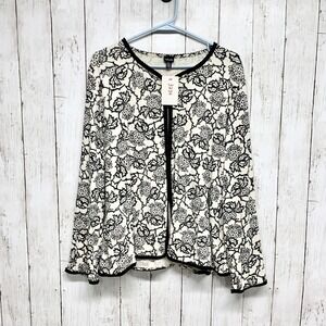 Rafaella Cardigan Women XL White Black Floral Open Front Long Sleeve Knit Top